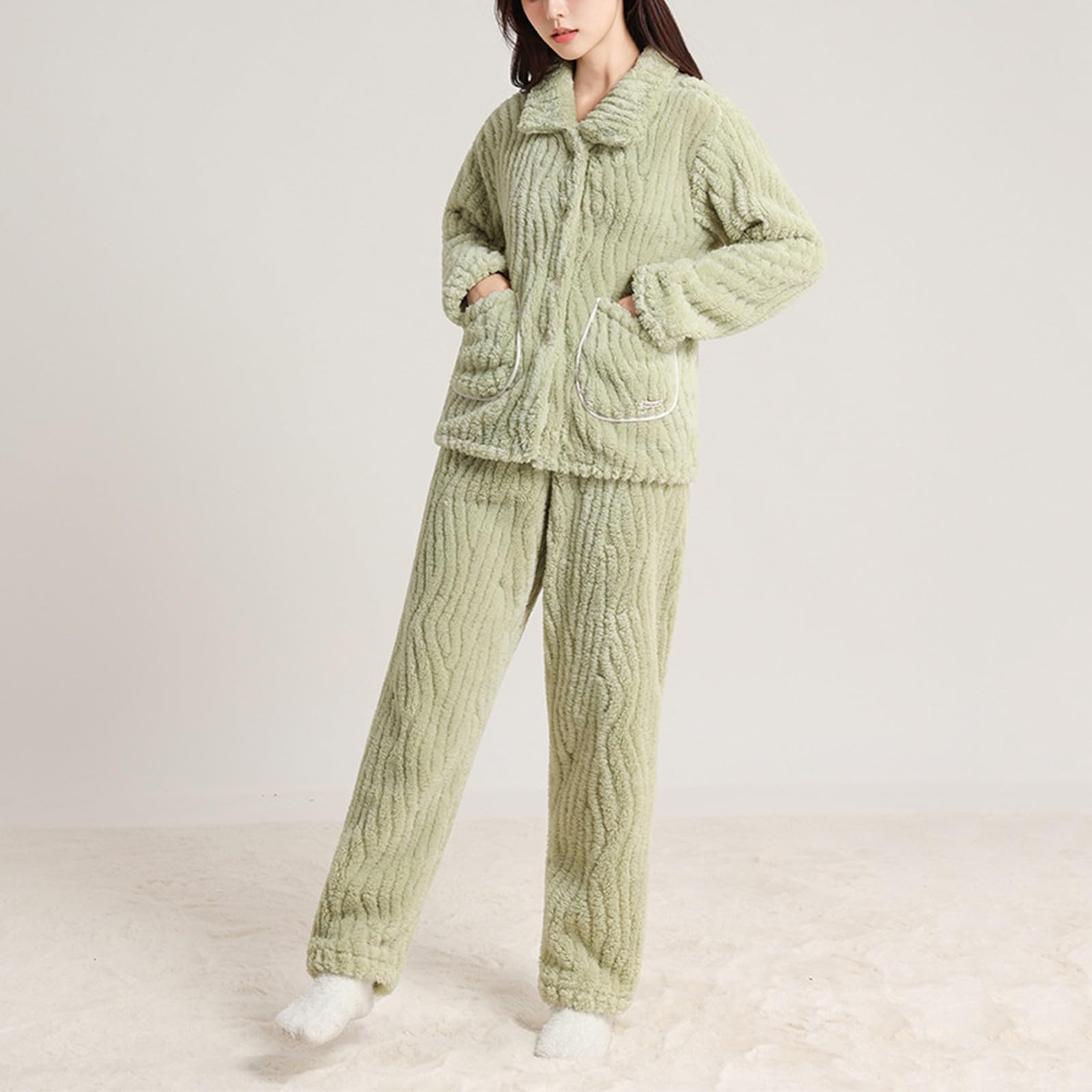 Genérico Pijama Mujer Invierno Pijama Mujer Franela Suave con Cárdigan Cuello En V Y Pantalón Doble Felpa Conjunto Cálido para Estar En Casa