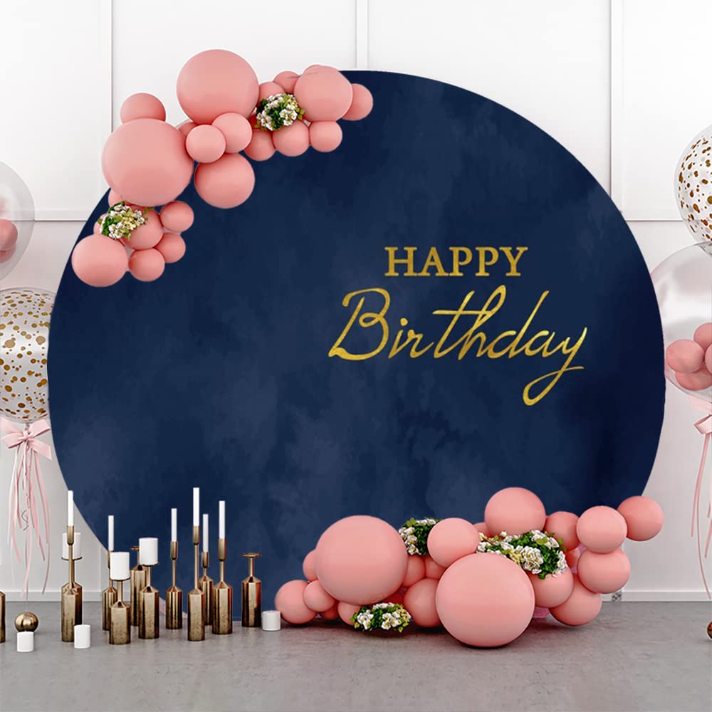 OERJU 7.2x7.2ft Royal Blue Happy Birthday Round Backdrop Cover Silver Bokeh Sequin Spots Balloons Circle Photography Background Adults Men 30th 40th 50th 60th Birthday Party Cake Table Decoration
