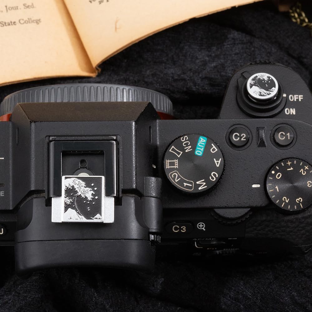 Kanagawa Wave Pattern Camera Hot Shoe Cover Shutter Button for Sony A1 A7C A7CR A7CII A7R A7M2 A7M3 A6700 A6600 A6500 A6400 A6300 (Aluminum Alloy-Set)