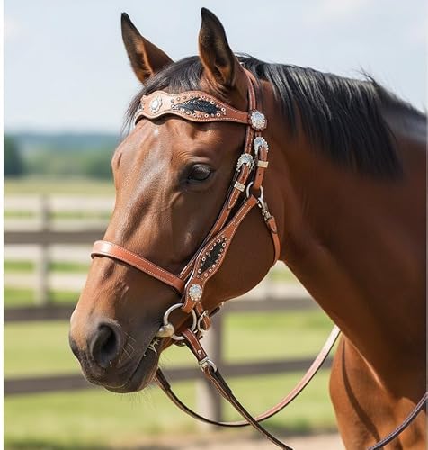 LEATHERRIDE Western Leather Horse Headstall and Reins Combo Natural Antique Tooling, Quick Bit Change Adjustable Browband Headstall and Free Size Reins for Horses (Black and Brown) - Thumbnail 2