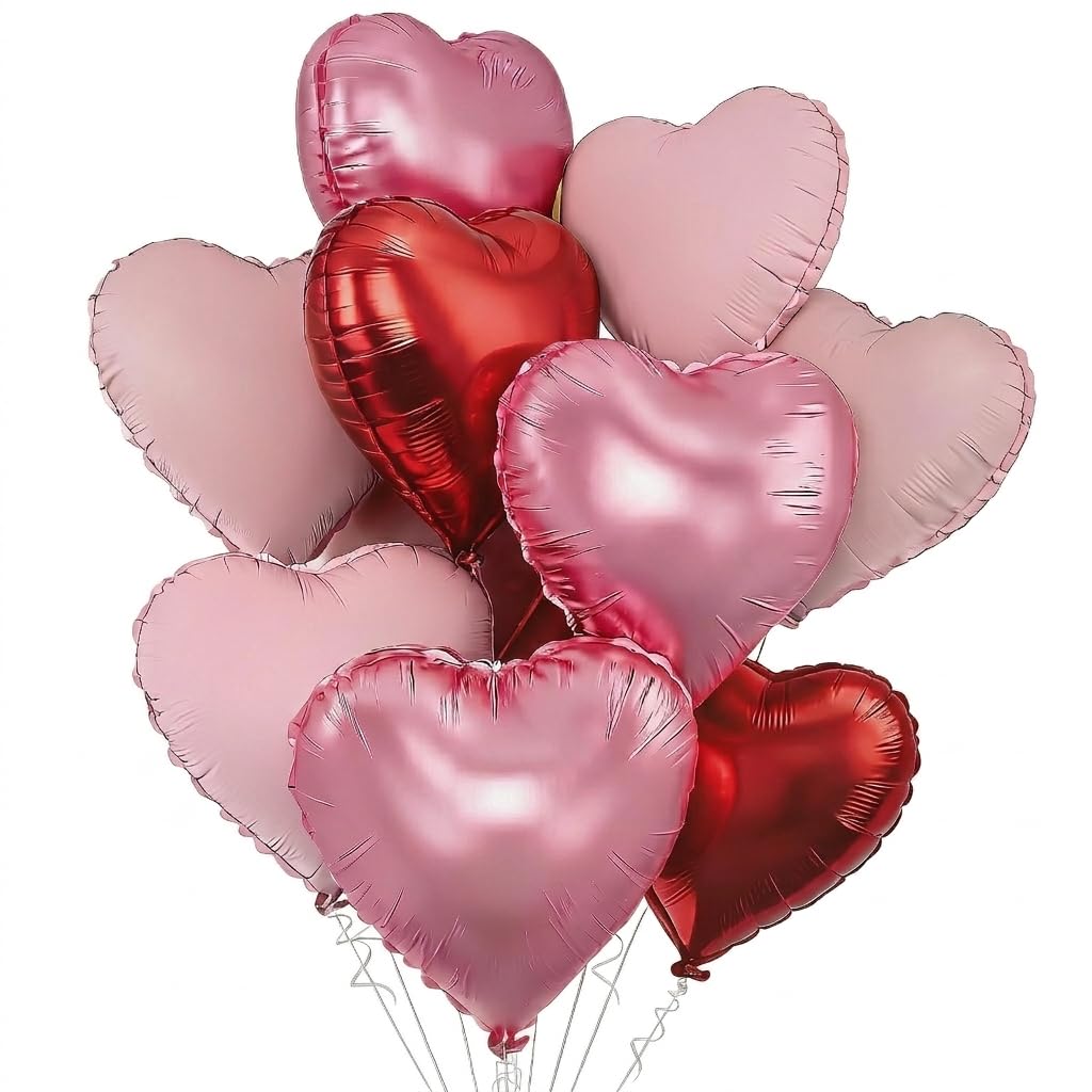 Heart Balloons, 10pcs Matte Metallic Foil Heart Shaped Balloons, 18 Inch Helium Balloon for Mother's Day Proposals, Valentine's, Birthdays, Weddings & Party Decor (red and pink)