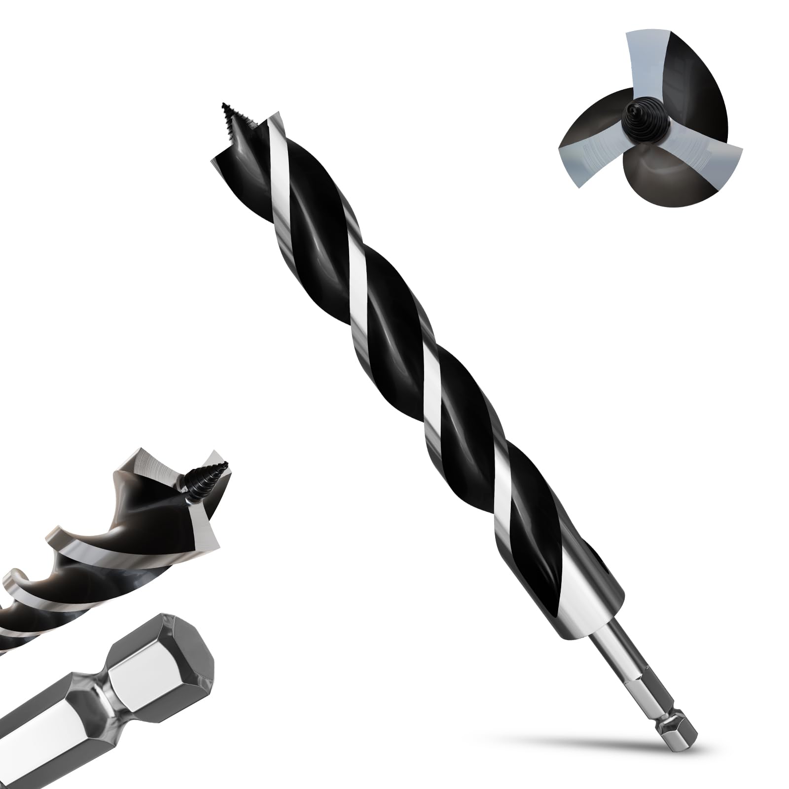 METOTY 32mmx300mm Auger Drill Bit Extra Long Drill Bits，12mm Hex Shank for Wood with Quick Change - 3-Cutter Design with Dual-Flute for Fast Chip Removal, Fits Hardwood, Softwood, PVC, Drywall — image 1