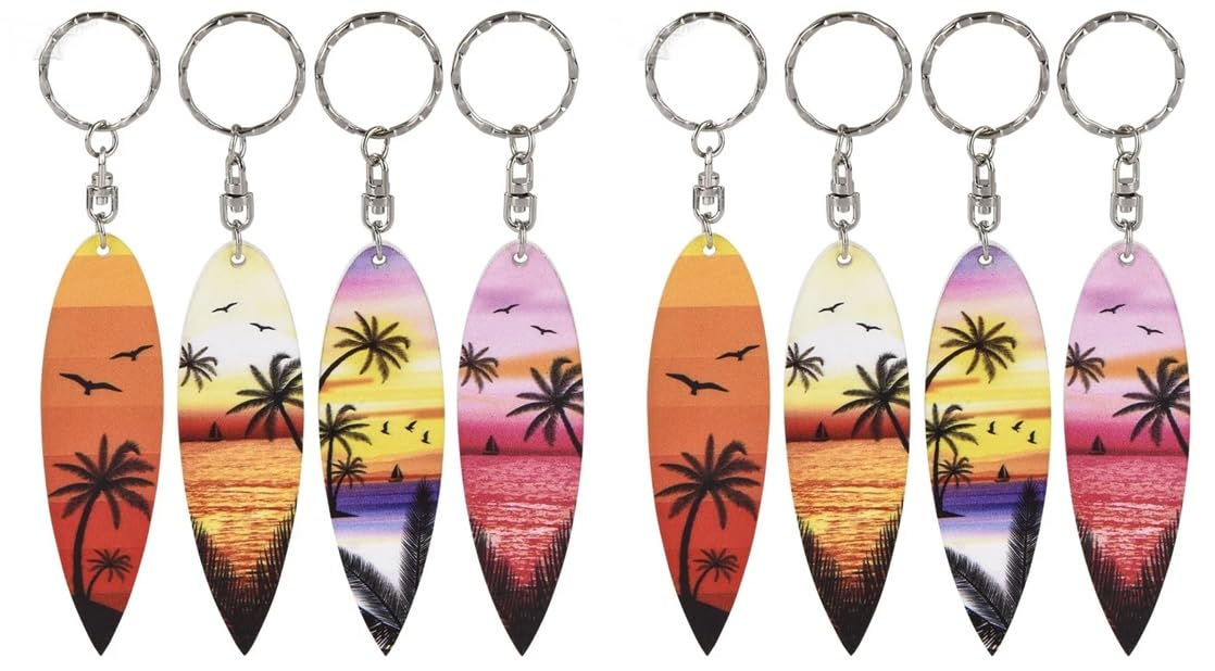 HAPPY DEALS ~ Wooden Surfboard Keychains 12 Pc - Fun Tropical Beach Luau Party Favors, Multi, 12 Surfboard Keychains