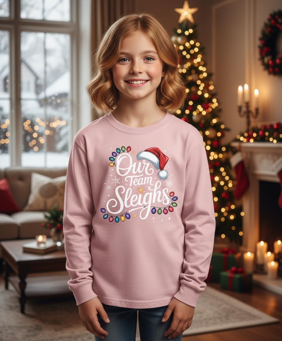 Our Team Sleighs Christmas Lights Red Santa Hat Xmas Family T-Shirt for Men Women Kids Dad Mom Son Daughter
