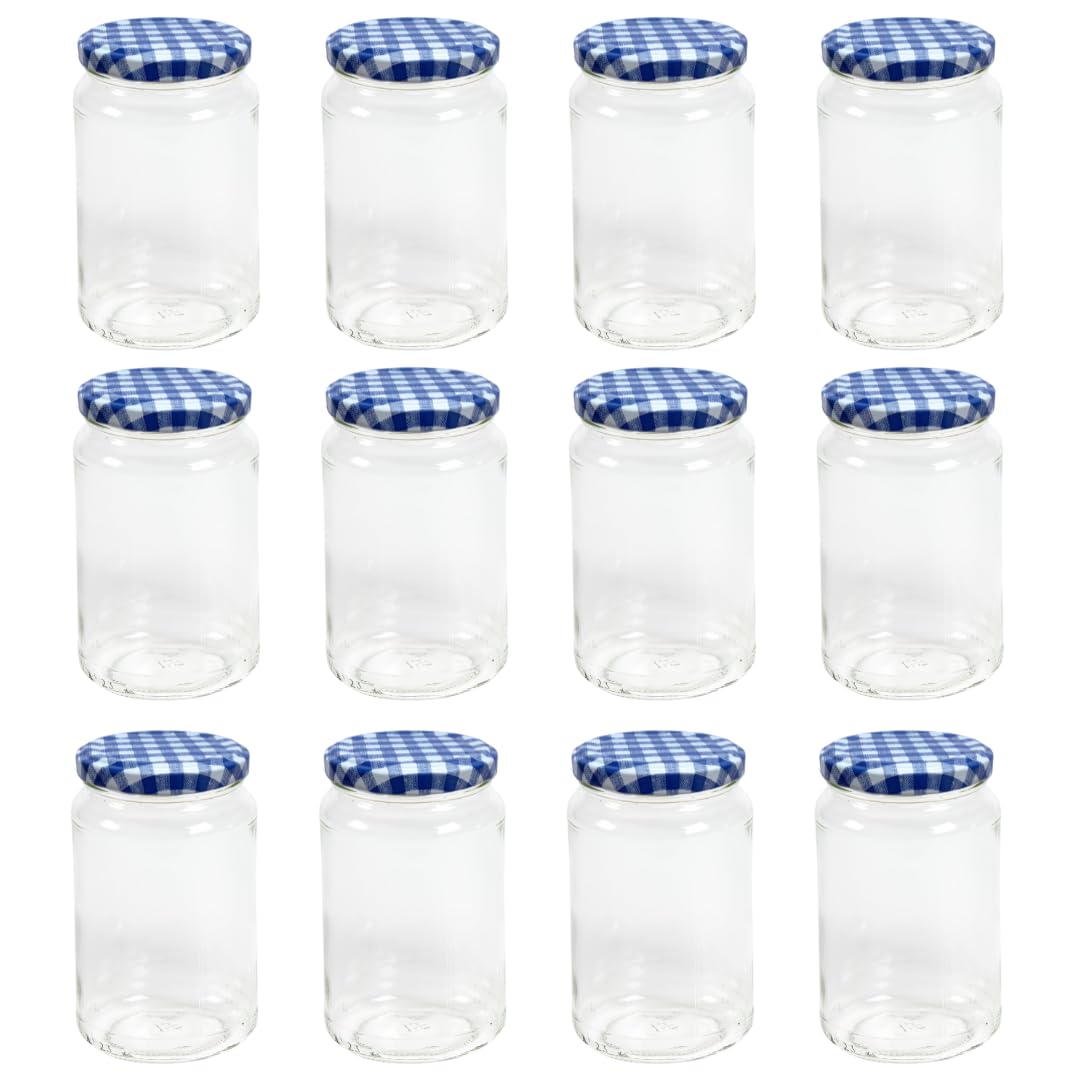 Nutley's Glass Preserve Jars with Blue Gingham Twist-Off Lids, 370ml, 12 Pack, for Jam, Pickles, Chutneys, Sauces, Homemade Preserves