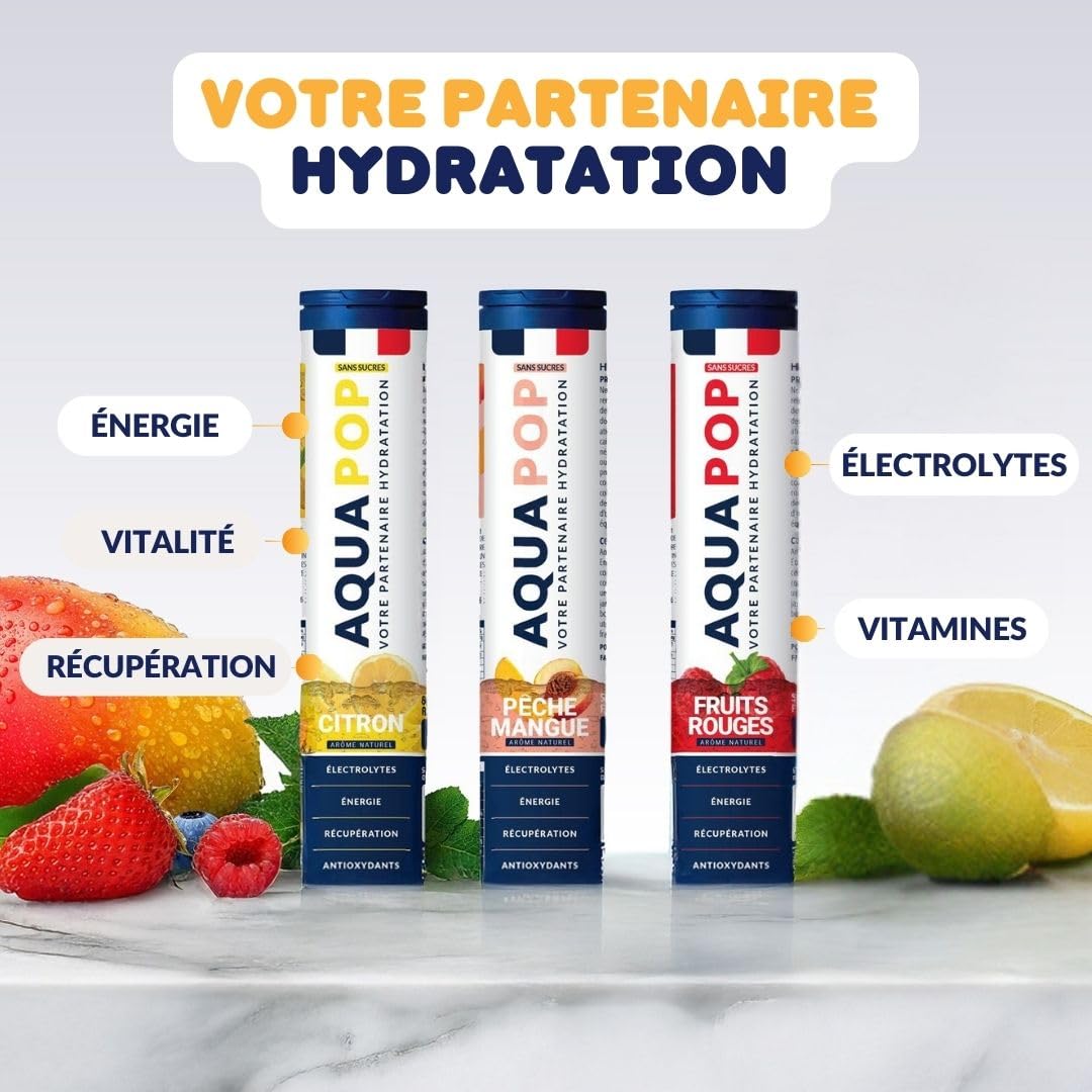 AQUAPOP - Pastilles électrolytes - Pack de 3 tubes - Sans Sucres - Favorise l'hydratation et l'énergie - 60 Comprimés Minéraux et Vitamines - Sport & Bien-être - Fruits Rouge, Citron, Pêche - 3-Pack