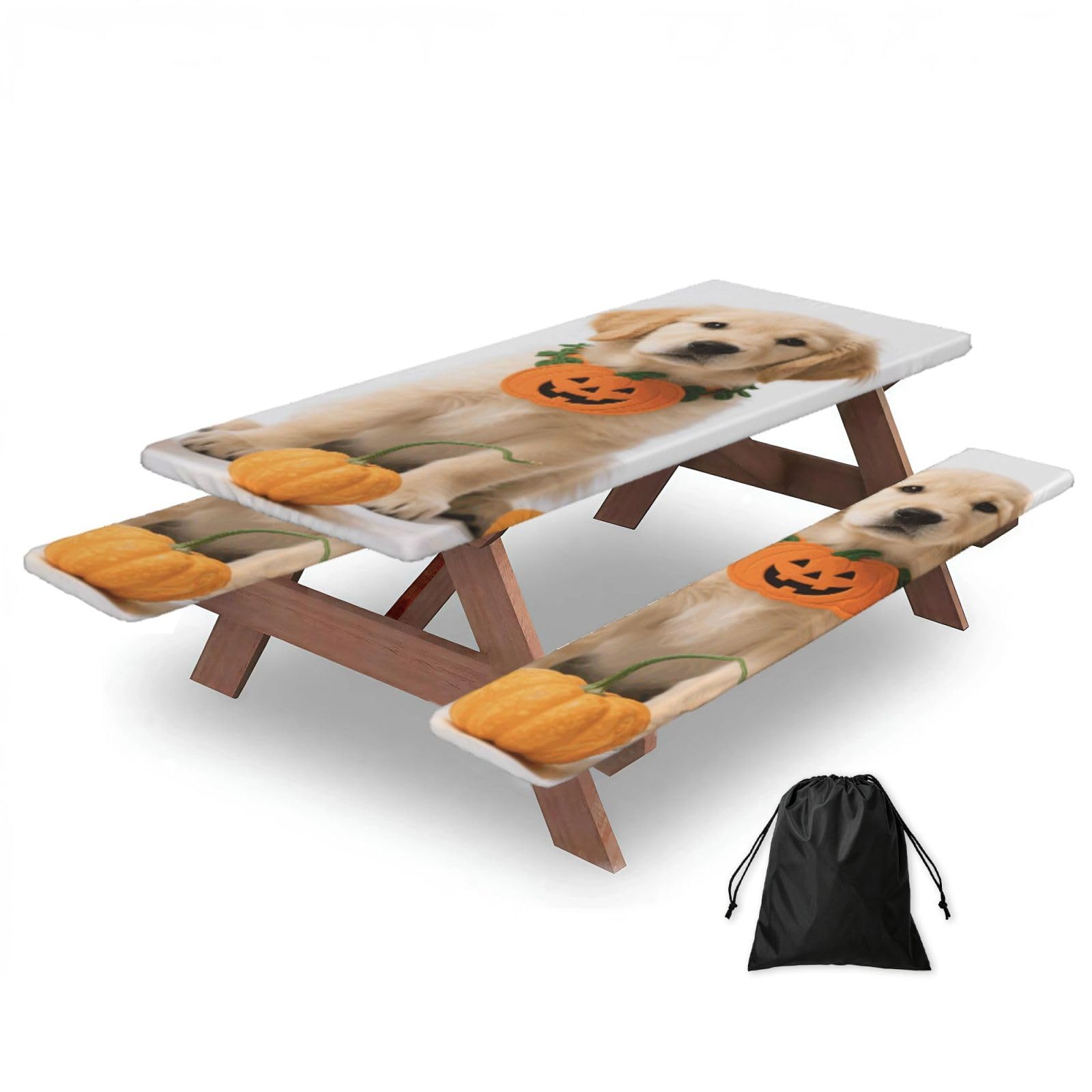 FekiLoot Pumpkin Dog Picnic Table Cover with Bench Covers and Bag, Windproof Waterproof Rectangle Tablecloth with Elastic Edges Fitted Camping Table Covers for Picnic Party Travel