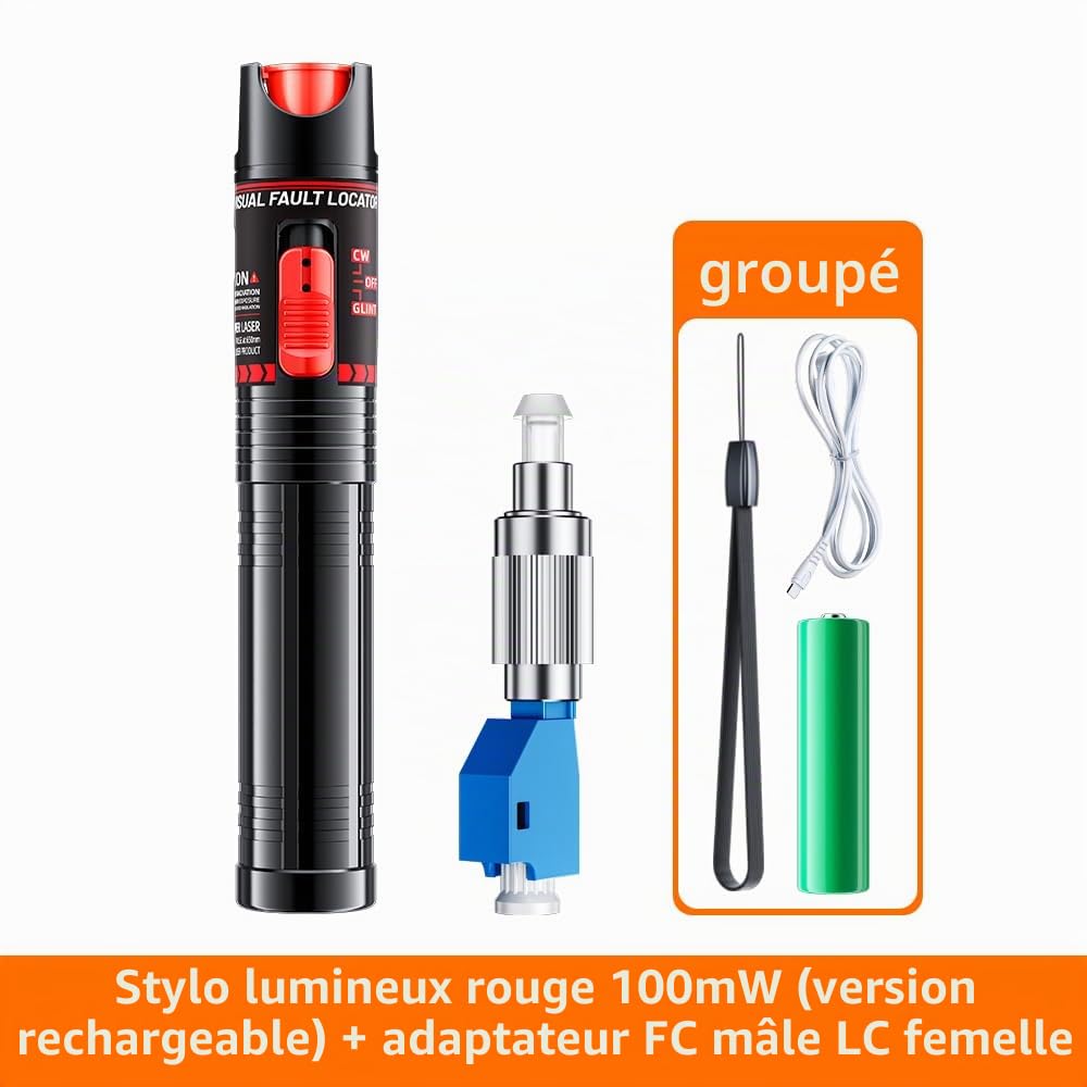 100 mW Localisateur de Défaut Visuel Testeur de Stylo de test de câble optique rechargeable de 2,5 mm FC/SC/SF, adaptateur FC mâle vers LC femelle, 100–120km VFL, stylo à lumière rouge