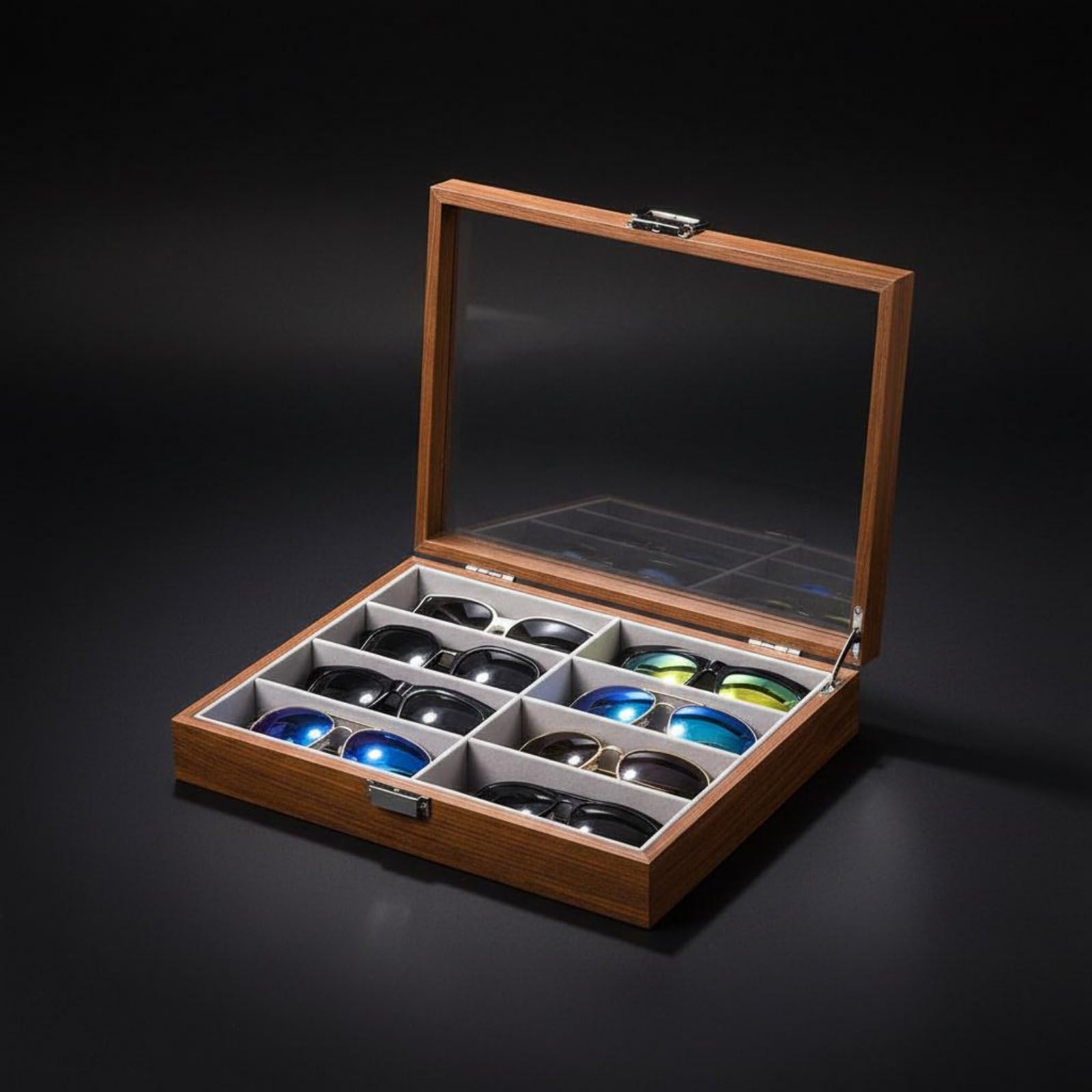Étui de Rangement Lunettes Boîte Présentation Organisateur Vitrine Couvercle Transparent avec Charnière et Fermoir Protection Contre la Poussière en, Marron, Marron Intérieur Café