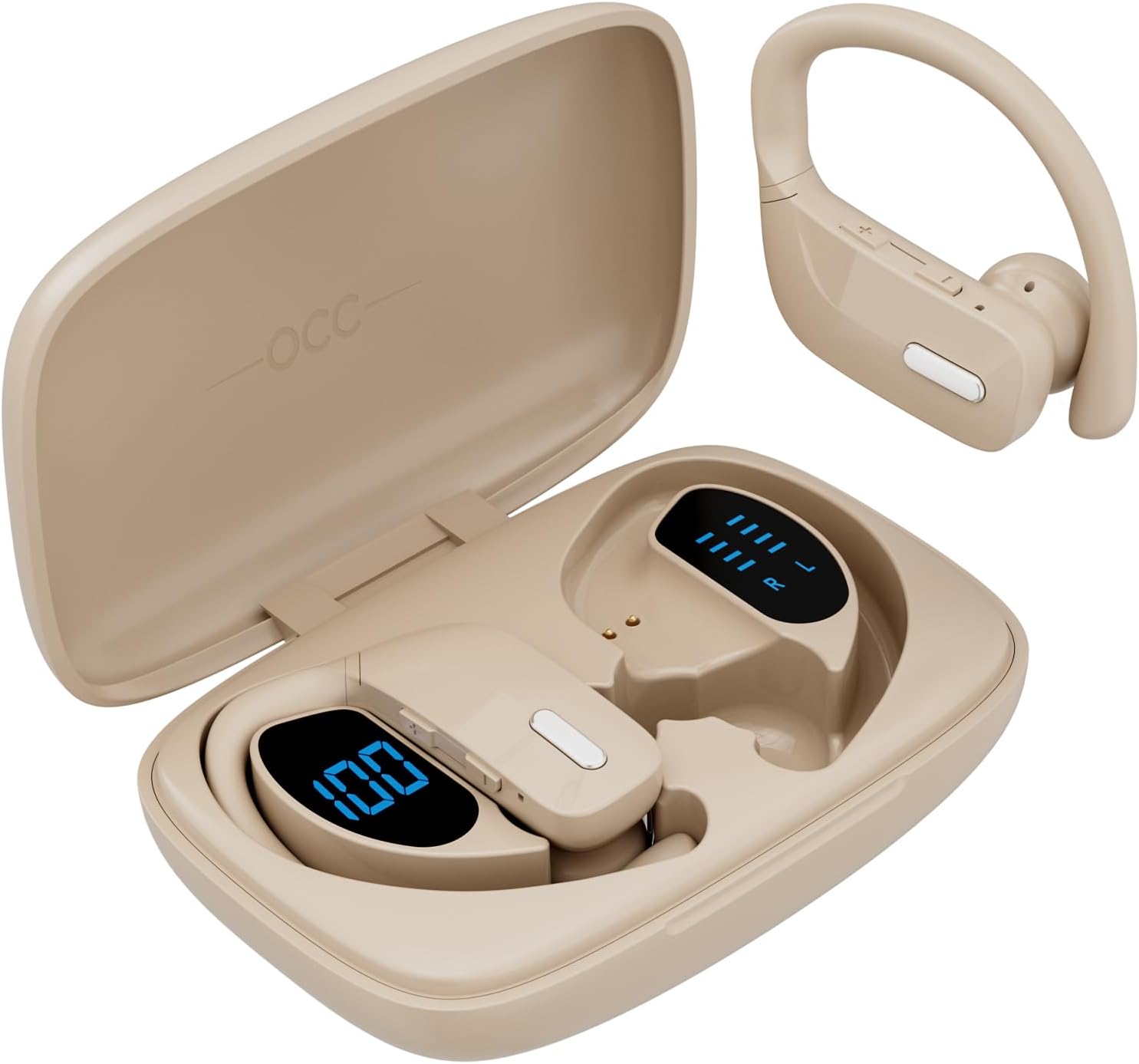 Wireless Earbuds with Earhooks 80Hrs Bluetooth Headphones Over-Ear ENC Noise Canceling Mic Earphones IP7 Waterproof Headset for Sports,Fitness,Workouts and Running Nude