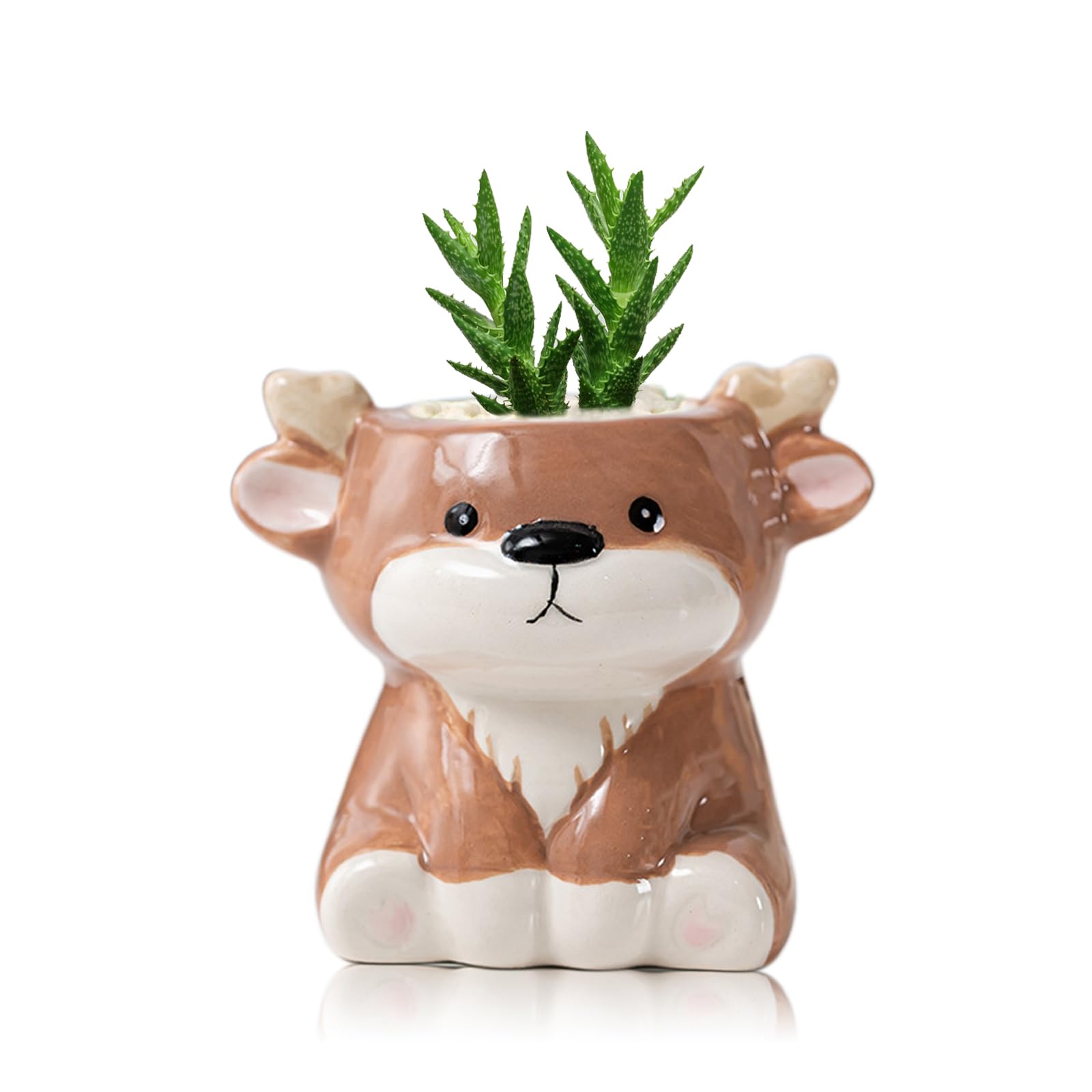 DIYOMR Cute Animals Planter, Mini Ceramic Cartoon Animal Shaped Succulent Flower Pot Indoor Air Plants Holder, Smooth Shiny Decorative Flower Vase Cactus Container Fun Animal Decor (Deer)