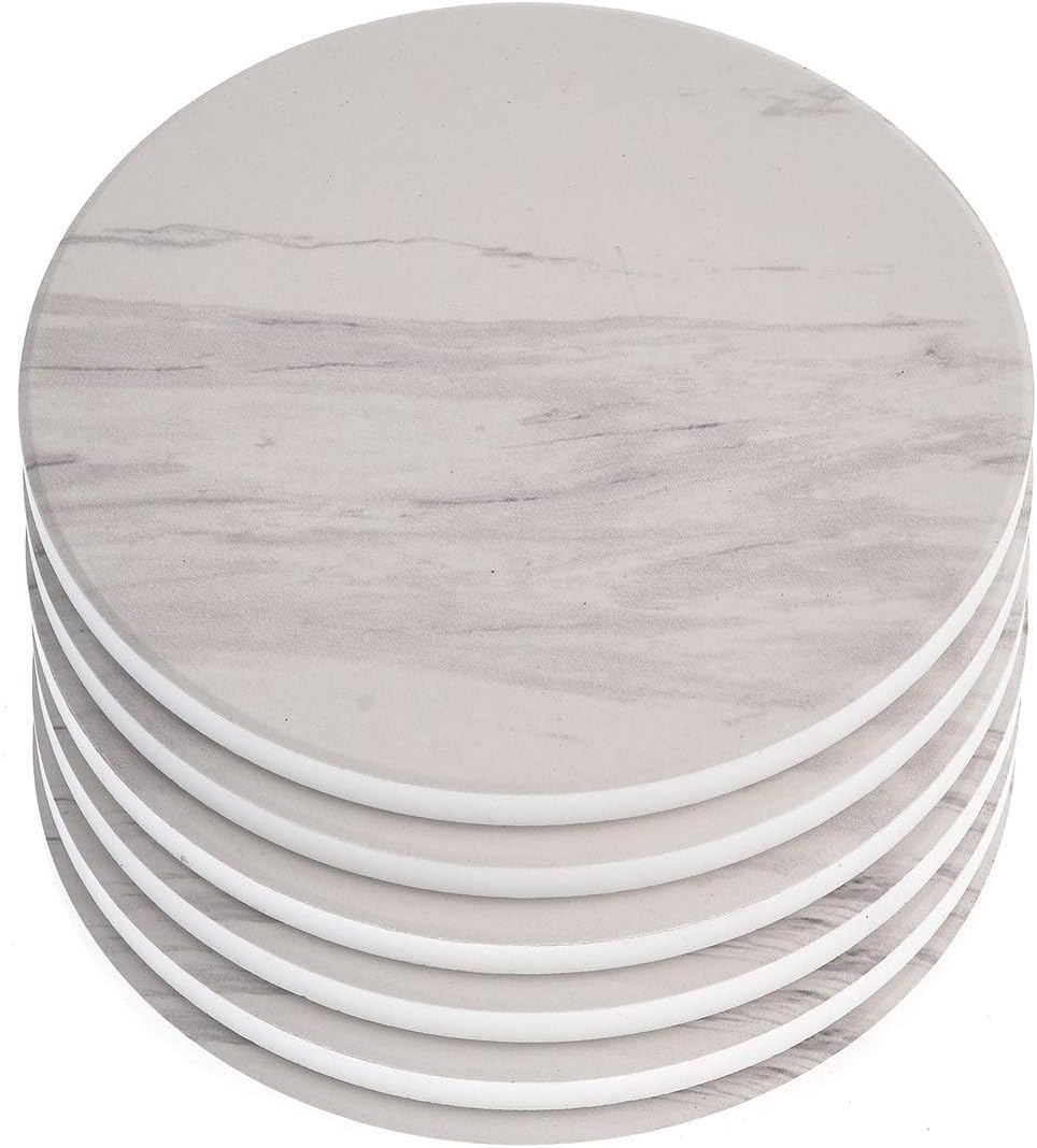AlphaAcc Absorbent Ceramic Coasters for Drinks Large Size 4.2" in Diameter - Great Gift for Home White Marble Design with Cork Back Coasters Protection from Drink Rings,Pack of 6