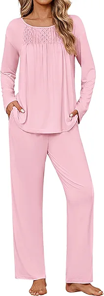 Ekouaer Womens Pajama Sets Fall Long Sleeve Pajamas for Women Trendy Pleated Pjs Sets Comfy 2 Piece Lounge Set with Pockets Pink Large