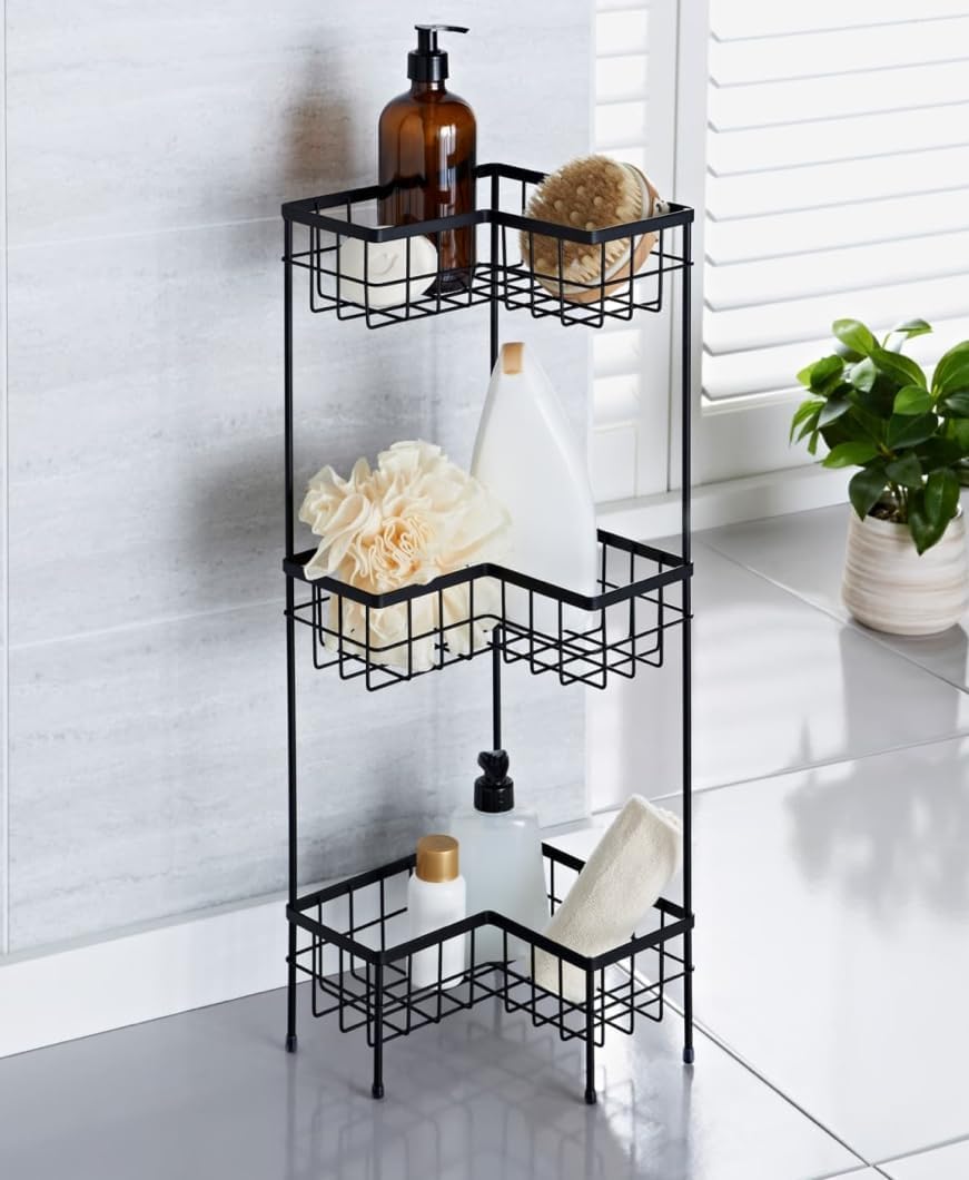 RHMM 3-Tier Bathroom Storage Caddy Freestanding Metal Shower Shelf & Organizer Rack Durable Bathroom Basket for Toiletries, Towels & Essentials Toilet Storage Holder (22 x 22 x 64cm)