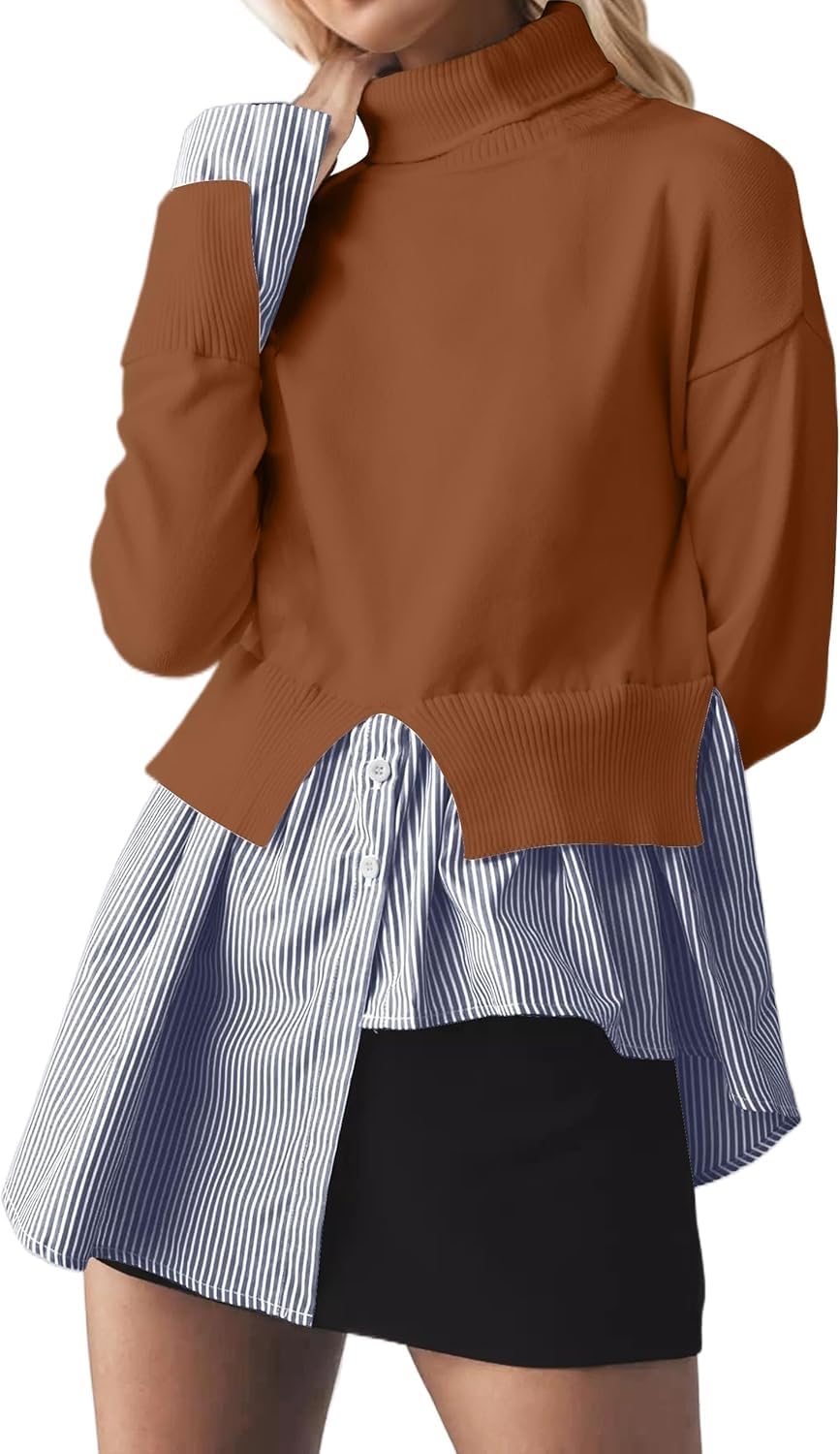 Turtleneck Asymmetrical Sweaters for Women Patchwork 2 in 1 Pullover Knit Sweater Slit Button Down Shirt 2026 Fall