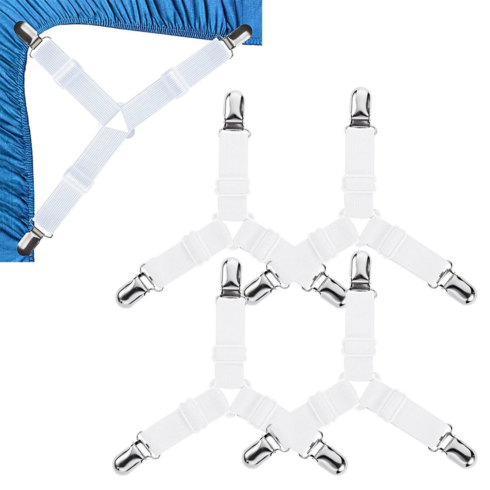 MEETTIKEY 8 stuks bedlakenspanners, verstelbare bedlakenspanners met metalen clips, matrasspanner, voor laken, matras, strijkplank of bank (35-115 cm