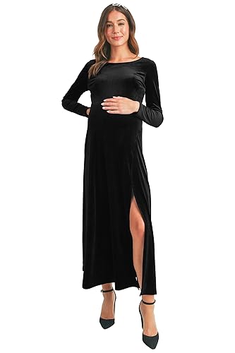 LaClef Womens Velvet Round Neck Long Sleeve Side Slit Maternity
