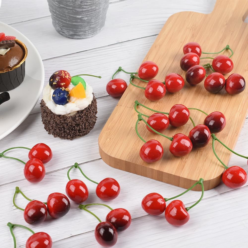 LUEYAO Artificial Cherry Fruit Fake Cherries Red Simulation Red Black Cherries Artificial Cherry Decorations Fake Fruit Model Home House Kitchen Party Decoration 60 PCS