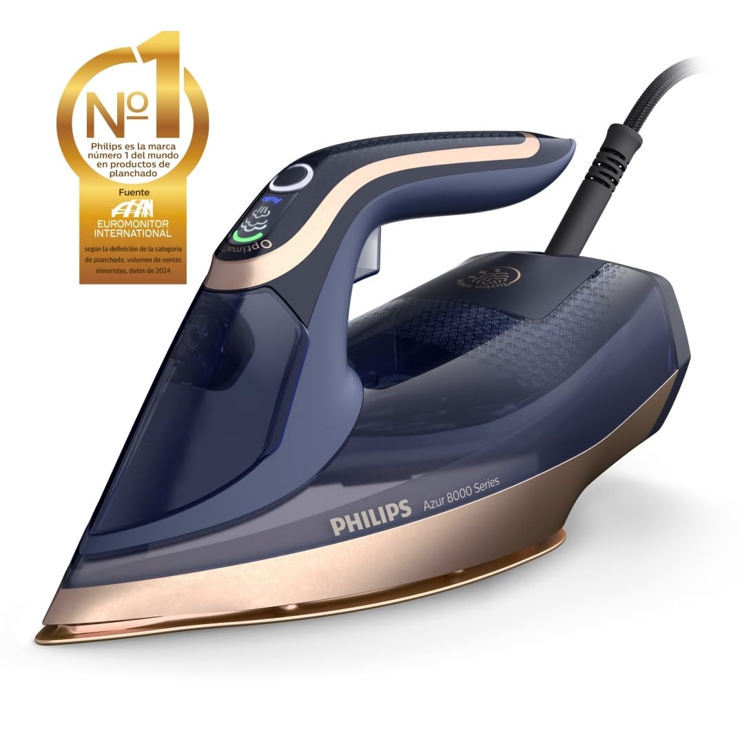 Philips Azur Serie 8000 Plancha De Vapor - 85 g/min De Vapor Continuo, 260 g De Impulso De Vapor Turbo, 3000 W, Tecnología OptimalTEMP, Suela SteamGlide Elite, Azul Oscuro (DST8050/20) | Depósito de 350 ml, sistema antical integrado, tecnología OptimalTem