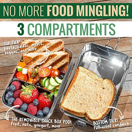 3-In-1 Stainless Steel Bento Box For Kids & Adults With Snack Pod - Holds 6 Cups Of Food, 100% Crack-Resistant, Secure Locks, Eco-Friendly Metal Lunch Container #TOP2