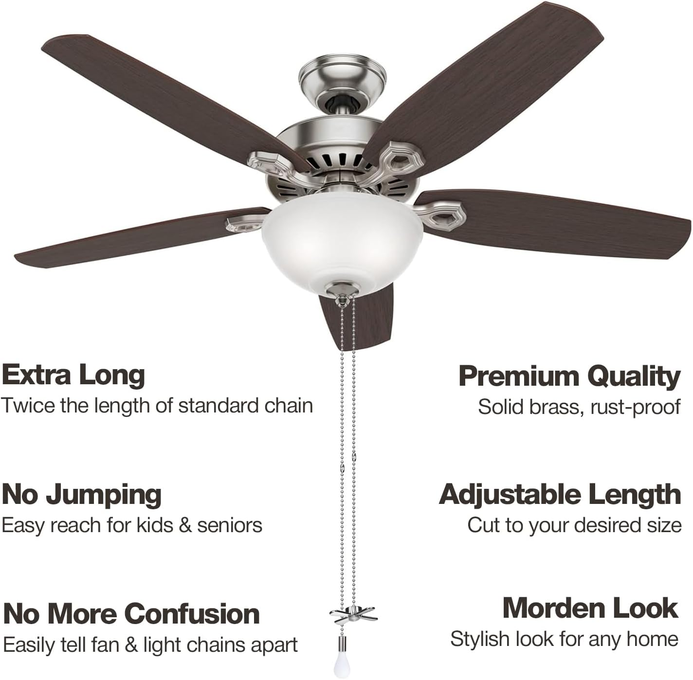 Ceiling Fan Pull Chain Extender, 24-inch Extra Long with Decorative Frosted Glass Bulb and Fan Cord, Fit All Standard 3mm Diameter Ceiling Fans and Light Fixtures Factory Pull