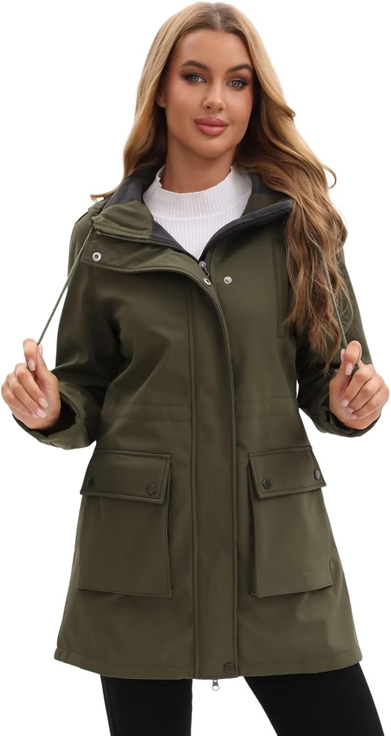 CHIGUO Women's Waterproof Softshell Jackets Warm Fleece Lined Coats with Hood Long Rain Jacket