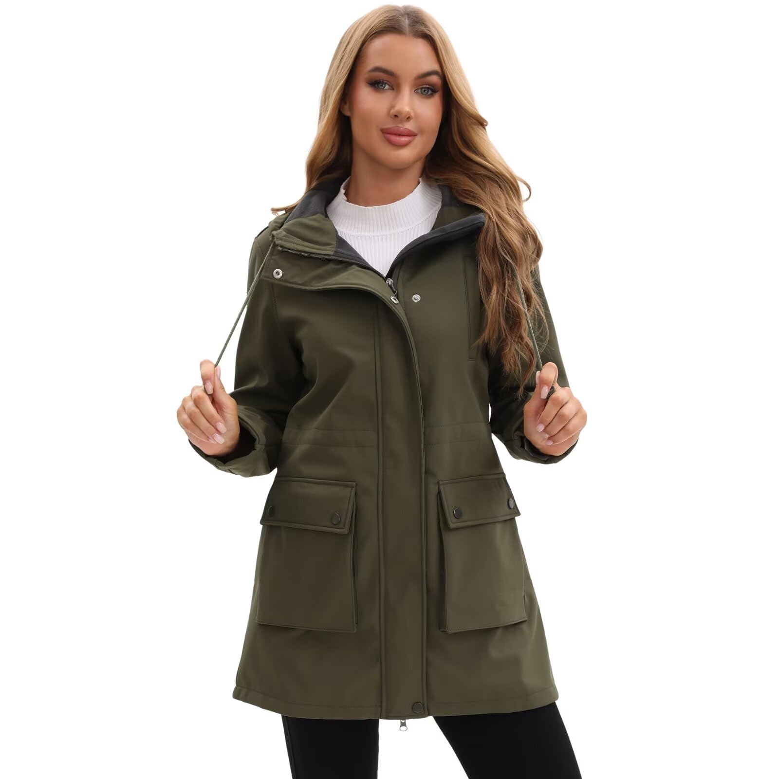 CHIGUO Veste d'hiver légère et imperméable pour femme - Doublée en polaire chaude avec capuche - Veste de pluie longue