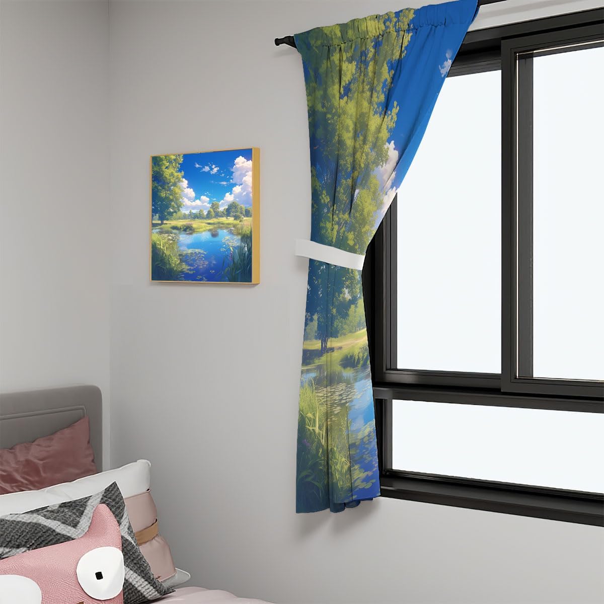 Japanese Anime Blackout Curtains for Girls Boy Home Decor, Sunny Pond Meadow Natural Scenery Rod Pocket Thermal Insulated Drapes Darkening Window Curtain for Bedroom Living Room, 42 x 63 Inch