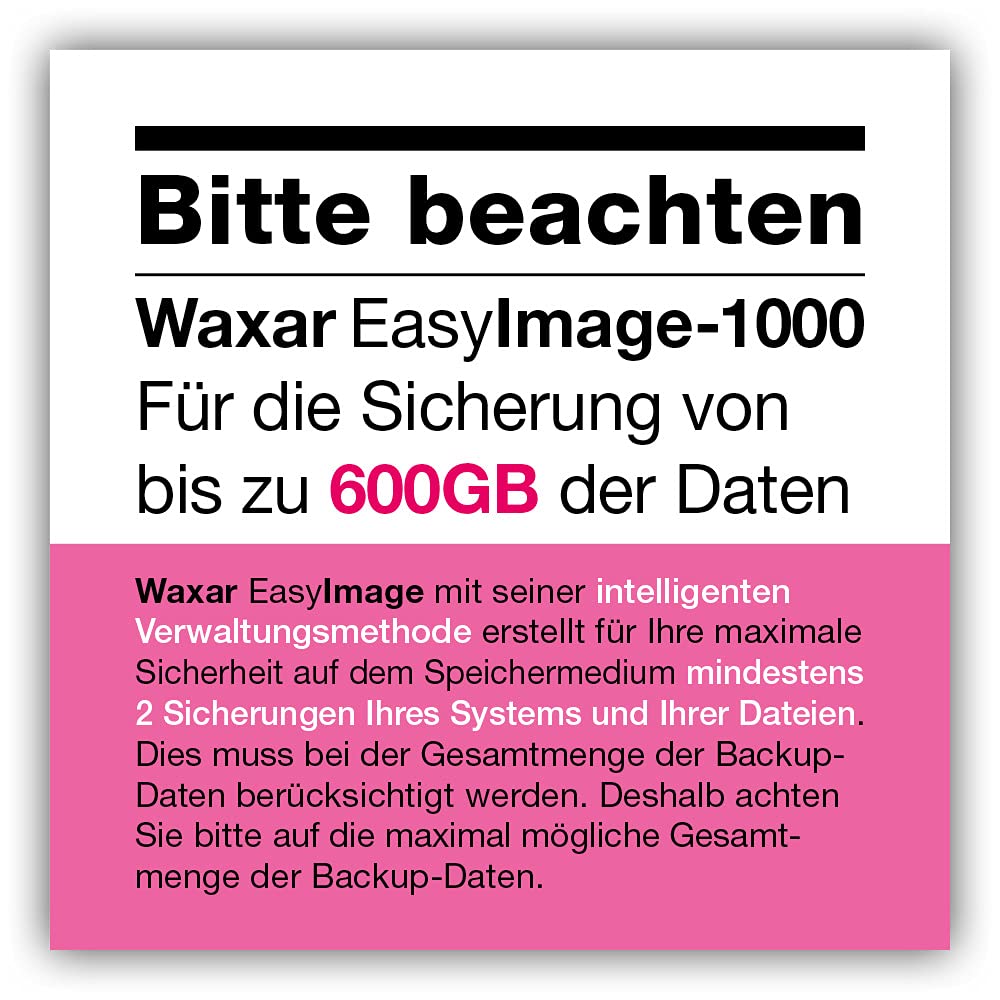 Waxar EasyImage-1000 Bundle, High-End Backup Software inklusive Speicher 1TB, läuft sofort ohne Installation, kompatibel mit Windows | Mac | Linux, Server-Edition, 1 Gerät, 1 Year Subscription, DE