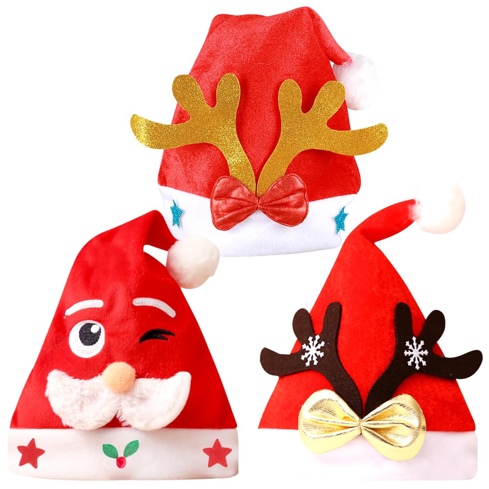 HYMBCFW Gorros de Papa Noel, 3 Piezas Gorro Navideño con Astas Navidad Accesorios para Cabina de Fotos Santa Hat Costume para Niño Accesorios de Navidad Decoración para Fiesta de Año Nuevo