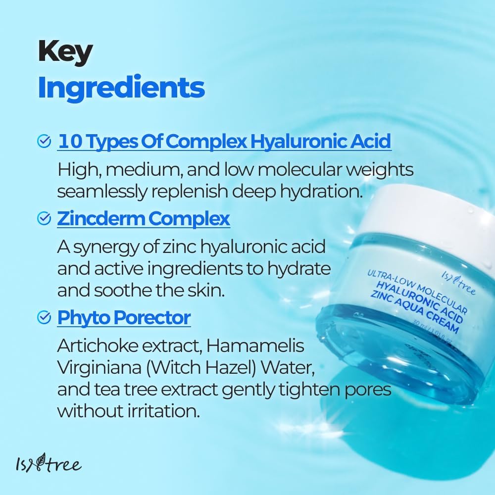 IsNtree Ultra-Low Molecular Hyaluronic Acid Zinc Aqua Cream 80ml, 2.71 fl oz | Pore Care | Cooling Effect | Hydrating Face Moisturizer 3