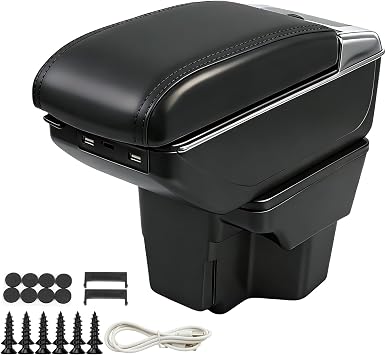 Armrest Box Compatible with Kia Rio 2012 2013 2014 2015 2016, Double Layer Black Leathe Center Console Organizer with 7 USB Ports, Adjustable Armrest Pad, Cup Holder,AshtrayBlack Thread
