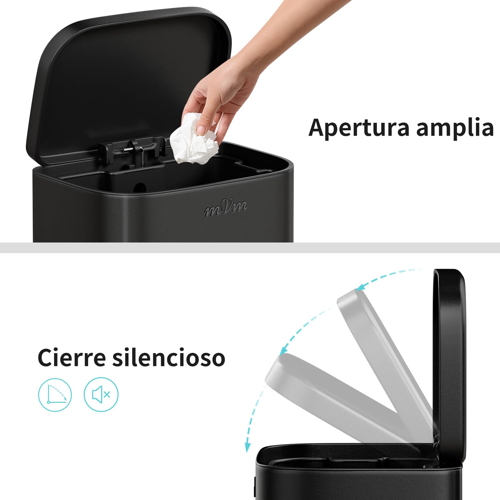 mVm Papelera de Cocina con Pedal 20L, Cubo de Basura Negro, Acero Inoxidable Antihuellas, Tapa Amortiguada Cierre Suave, con Cubo Interior Extraíble, para Cocina Oficina Baño