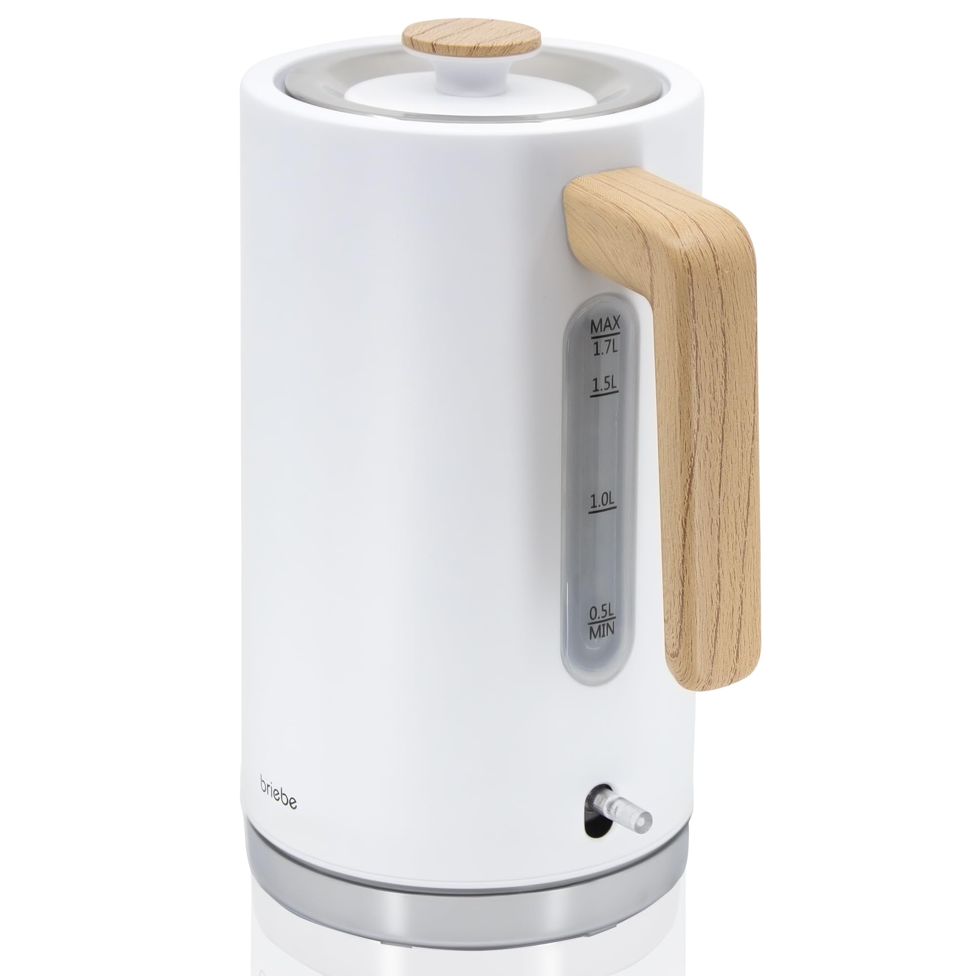 briebe Nordic Hervidor Agua Eléctrico 1,7L Inalámbrico, Tetera Infusiones 2200W Ebullición Rápida, Libre BPA, Base 360°, Controlador Strix, Apagado Automático, Diseño Nórdico, Asa Efecto Madera Blanco