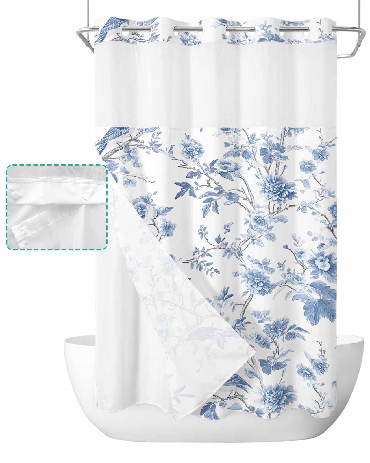 Anzona No Hook Shower Curtains, Blue White Spring Floral Stall Bathroom Curtain with Snap in Liner, Summer Botanical Birds Waterproof Washable Fabric