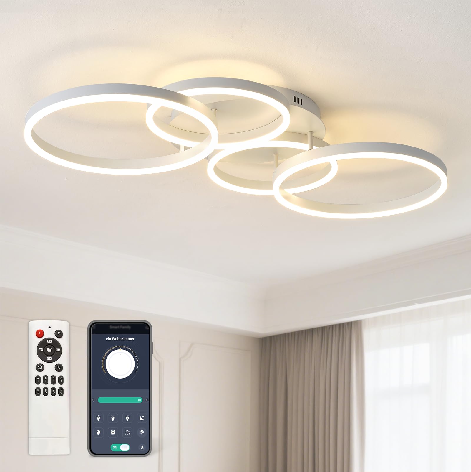 Deckenleuchte Dimmbar 40-60W, 100CM Deckenlampe LED Wohnzimmerlampe mit Fernbedienung APP Farbwechsel, Moderne lampe Dimming Deckenbeleuchtung Schlafzimmerlampe (Weiß)
