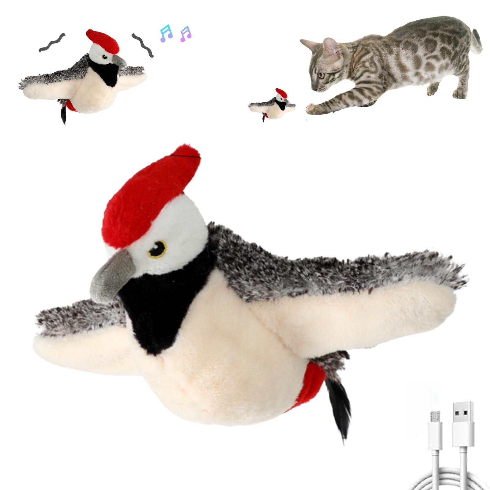 YallMiaul Interactive Flapping Bird Cat Toys, Rechargeable, Touch Activated, Catnip, Chirping Bird Toys for Indoor Cats and Kittens (Woodpecker)