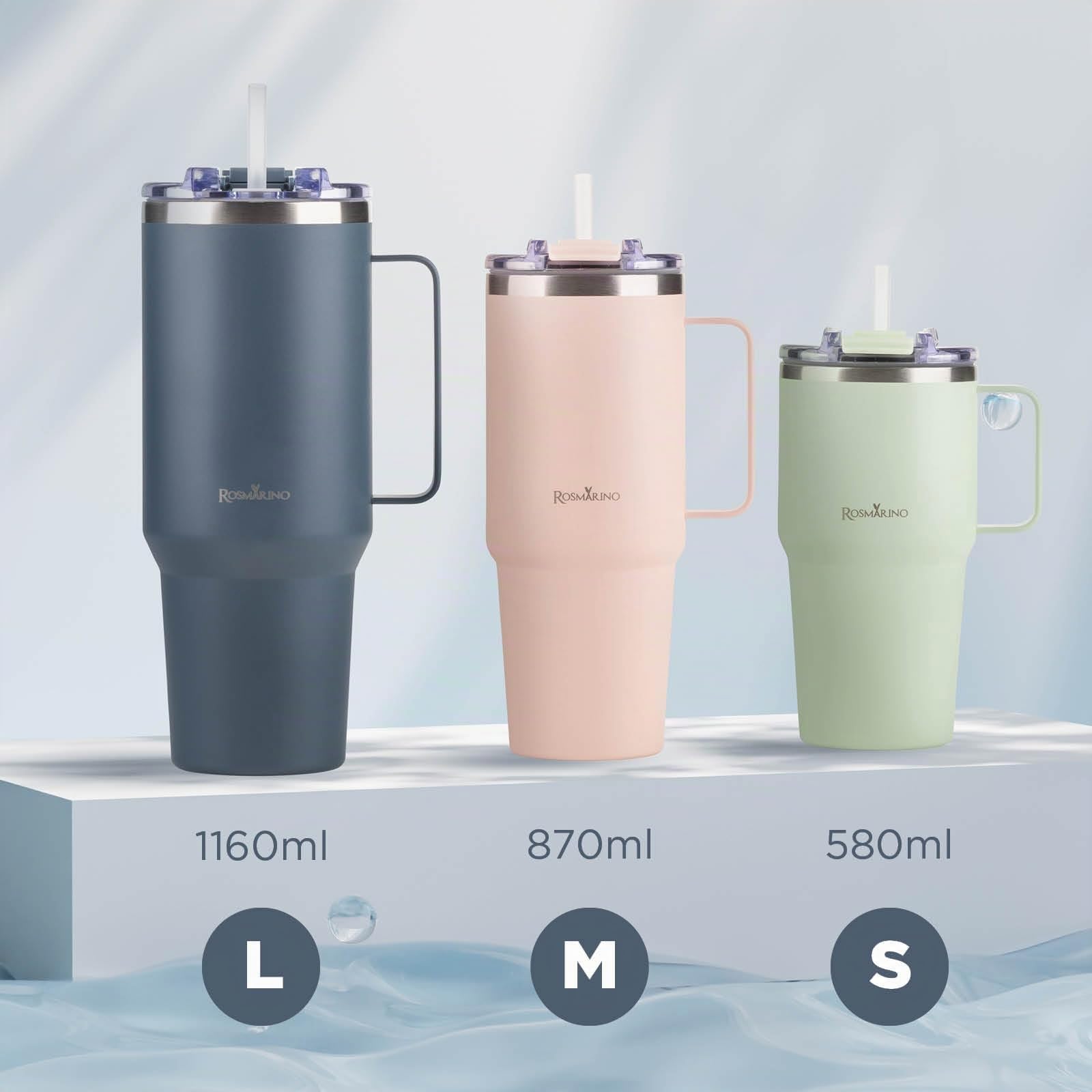ROSMARINO Thermobecher | 2-teiliges Set XL 870ml Edelstahl Isolierbecher mit Strohhalm | hält 11 Stunden kalt und 7 Stunden warm | auslaufsichere Thermoskanne | BPA-frei | Kaffeebecher für unterwegs