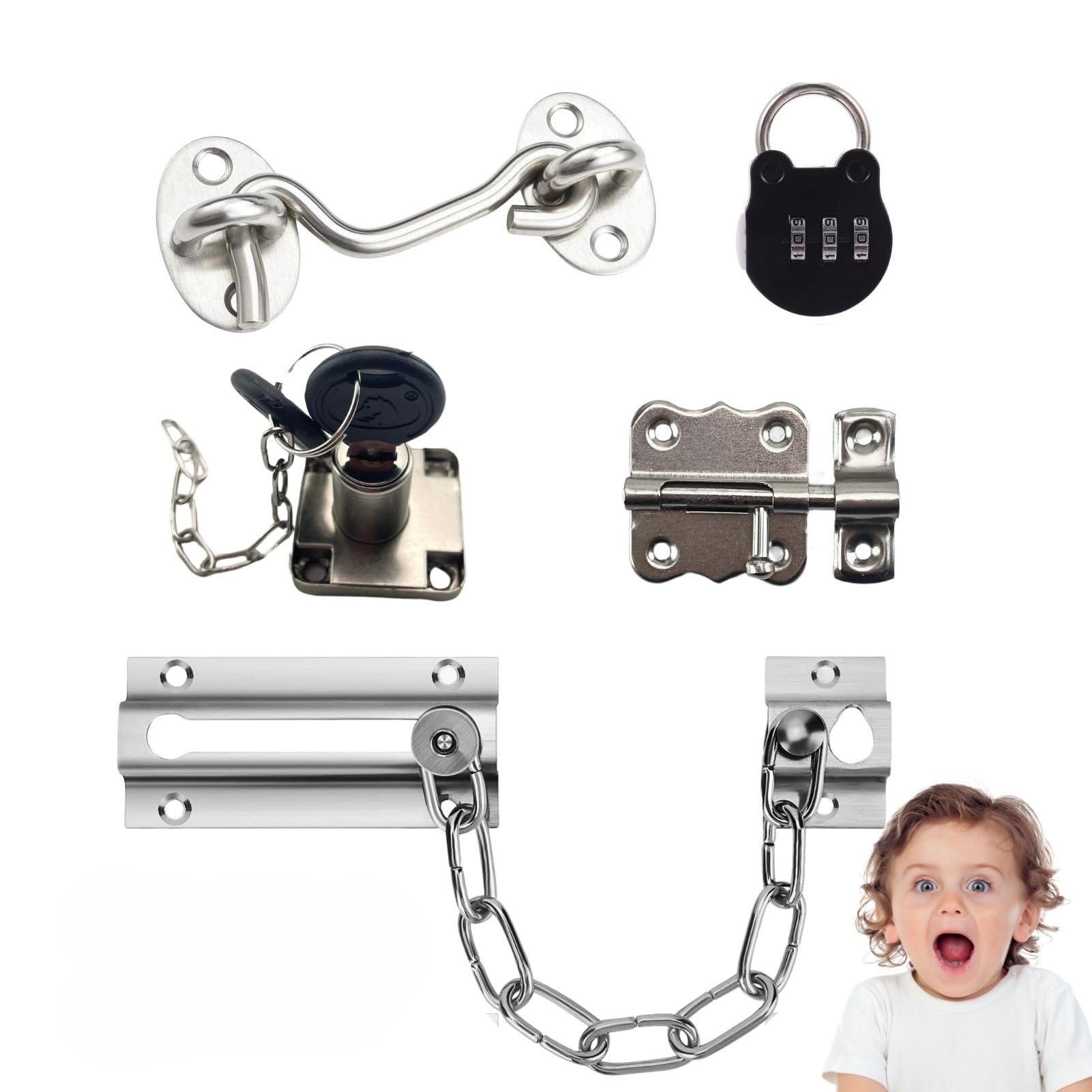 5 Pieces Busy Board DIY Accessories for Toddlers - Sensory Board Parts - Latch- Door Chain - Lock with Key -Gate Hook- Montessori l Toys - Early Development Items