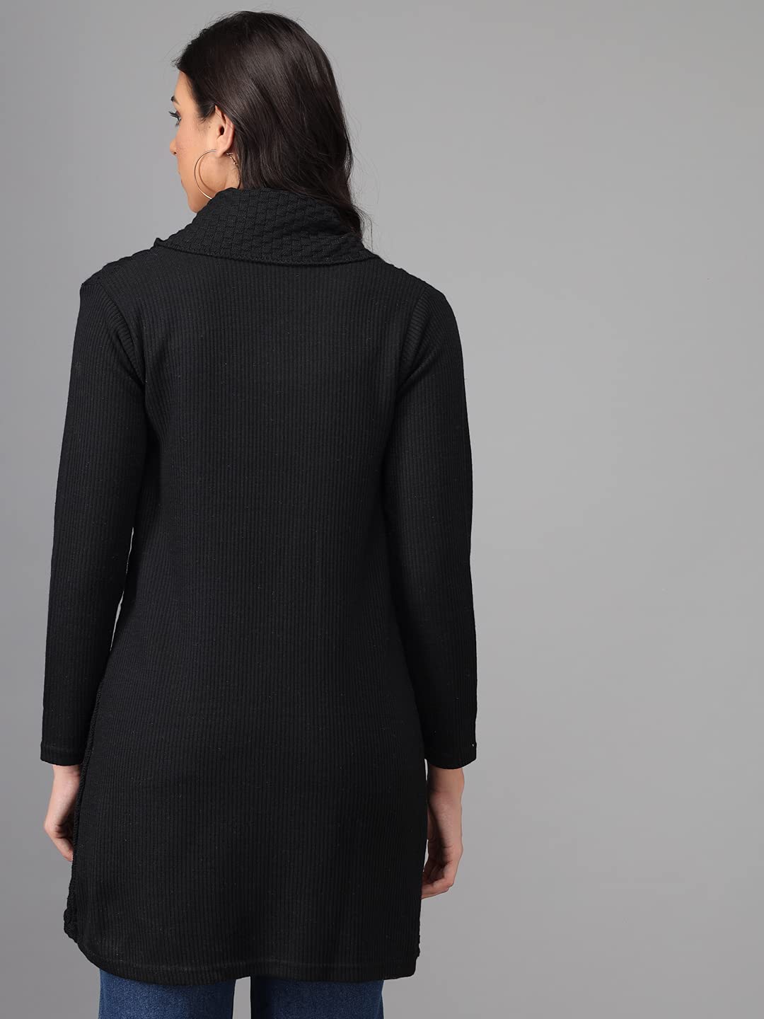 eKools Women's Winterwear Woolen Self Cardigans Banded Collar Sweaters (Black, 2XL) - Image 2 thumbnail