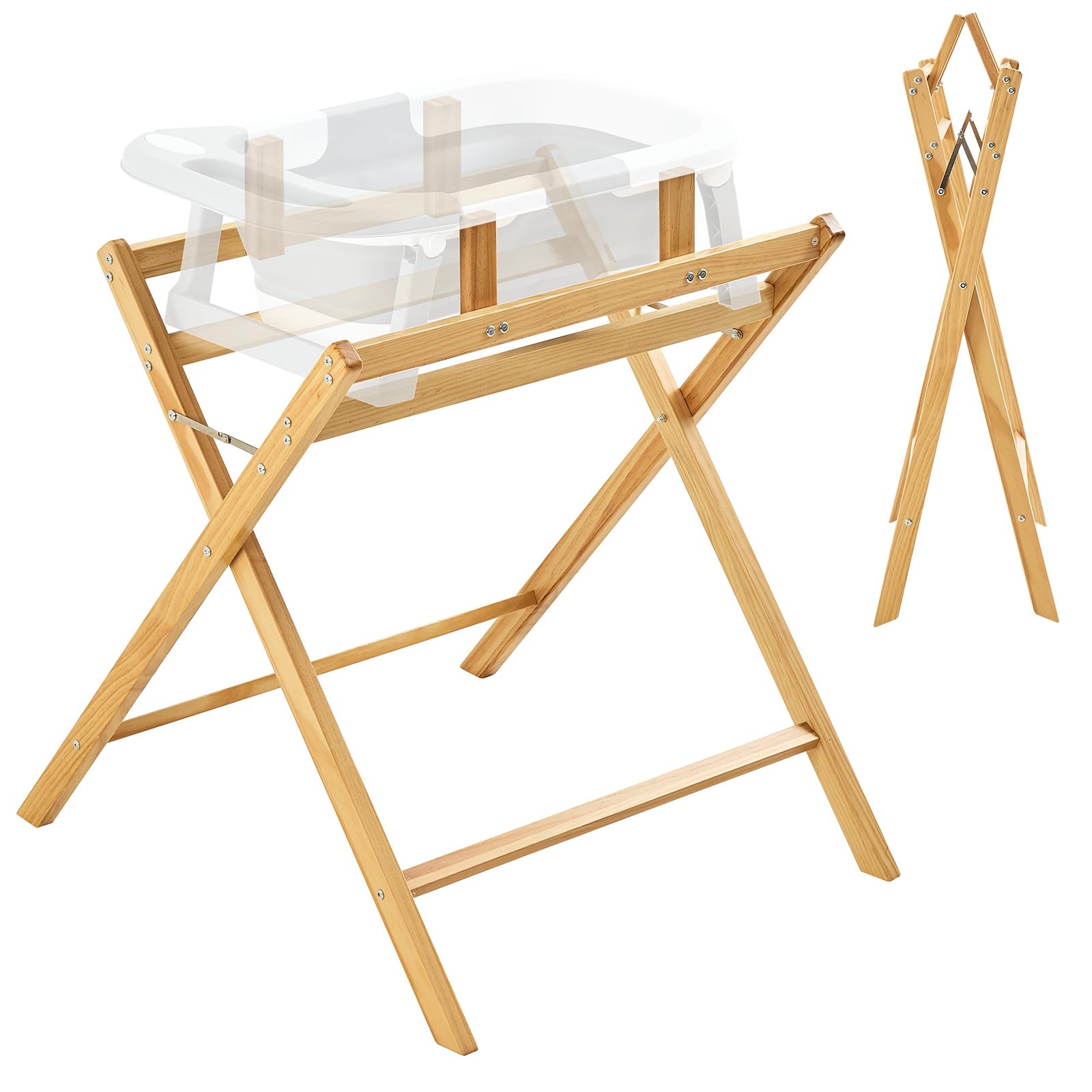 FUNLIO Supporto per vasca da bagno per bebè in legno, supporto pieghevole per bagnetto 0-24 mesi, sicuro e robusto con supporto a 8 punti, vasca per lattanti resistente con rivestimento impermeabile