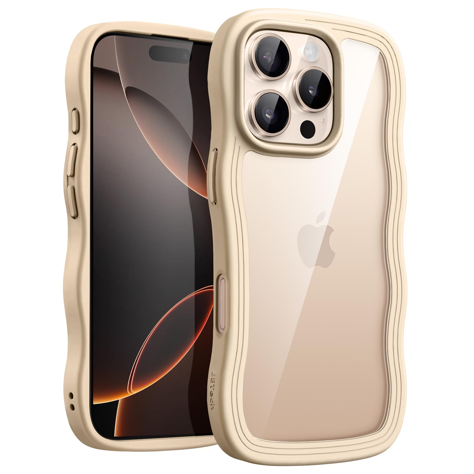 JETech Wavy Case for iPhone 16 Pro 6.3-Inch, Cute Wave Frame Curly Shape Shockproof Phone Cover for Women and Girls, Clear Hard PC Back (Desert Titanium)