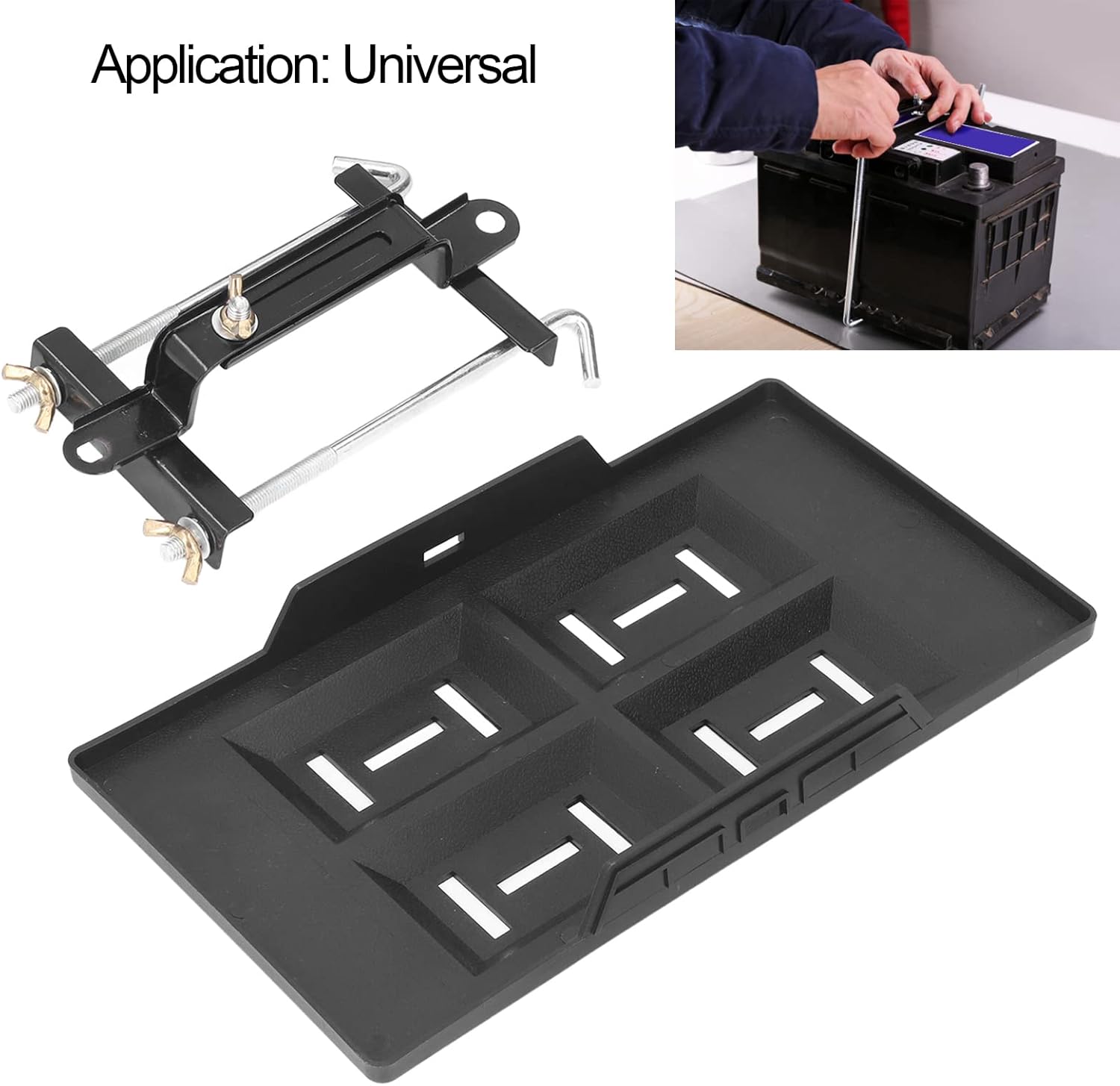 Universal Car Battery Hold Down Tray Bracket Kit, Height Adjustable Battery Retaining Clamp with Crossbar and Bolts, Sturdy ABS Metal Construction for Secure Fit in Most
