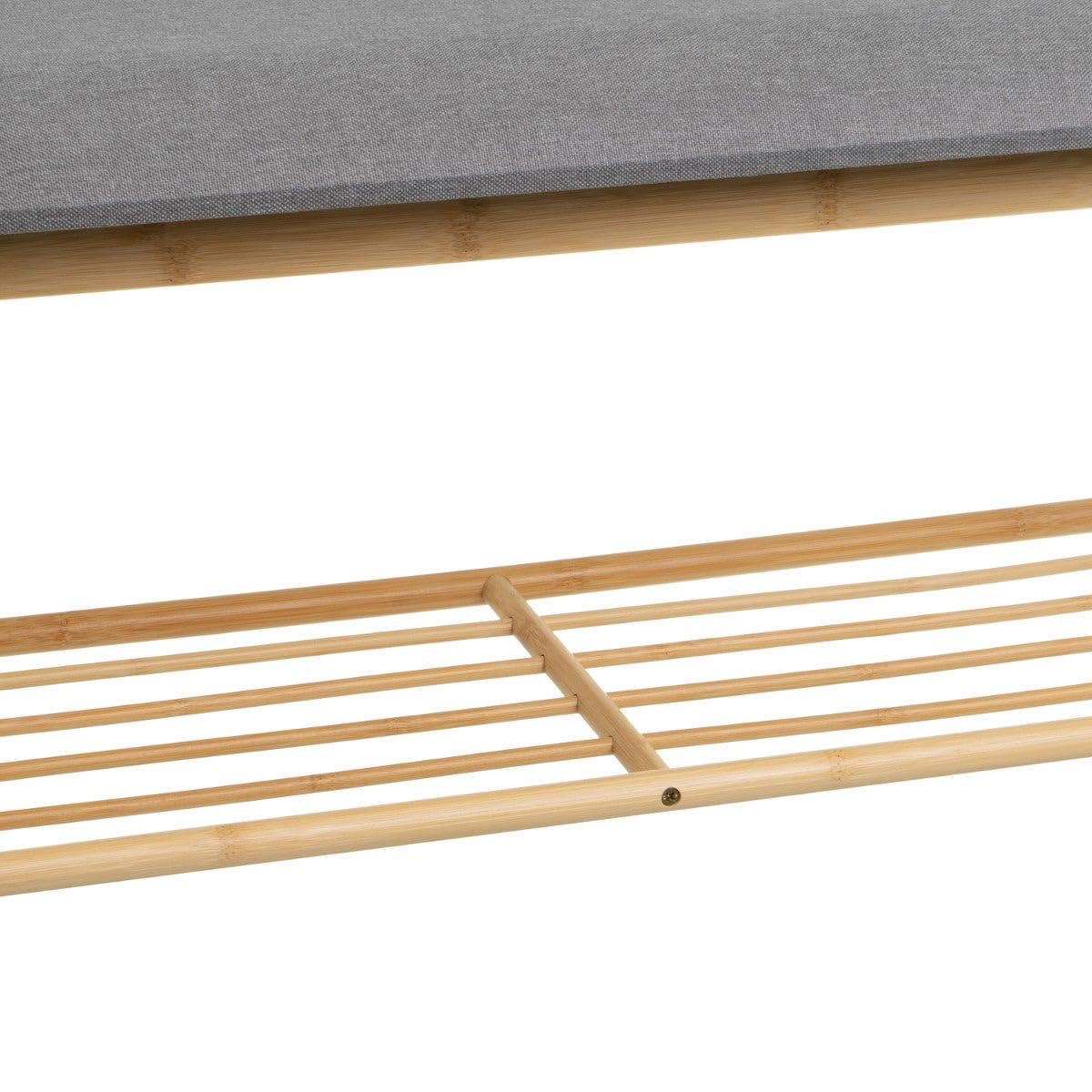 Banco zapatero de bambú marrón y poliéster gris para entrada, de 90x30x44cm | Mueble 2 en 1 robusto y acogedor. Organiza fácilmente tu calzado y disfruta del máximo confort al calzarte todos los días