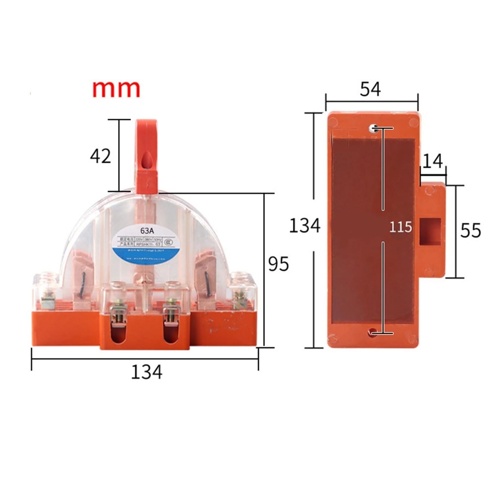 Interruptor de seguridad de cuchilla de dos posiciones, 2 polos, semicircular, 32 A, DPDT(63A 2P-Transparent)