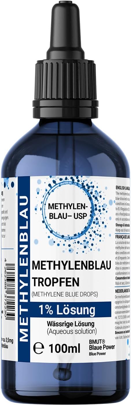 1 x 100 ml Methylene Blue Solution 1% - Drops in Amber Glass Bottle with Pipette - High Purity Methylene Blue without Additives - USP Pharma Quality - from Germany