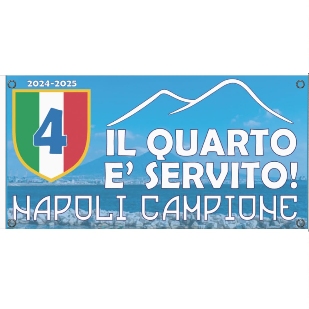 D&Vlab Banner Striscione con Occhielli In PVC per esterno Celebrativo Napoli 4° Scudetto 2025 Campione D'Italia, STAMPA PROFESSIONALE Tifosi Partenopei Ultras Calcio Napoletani Calcio (100x150 cm)