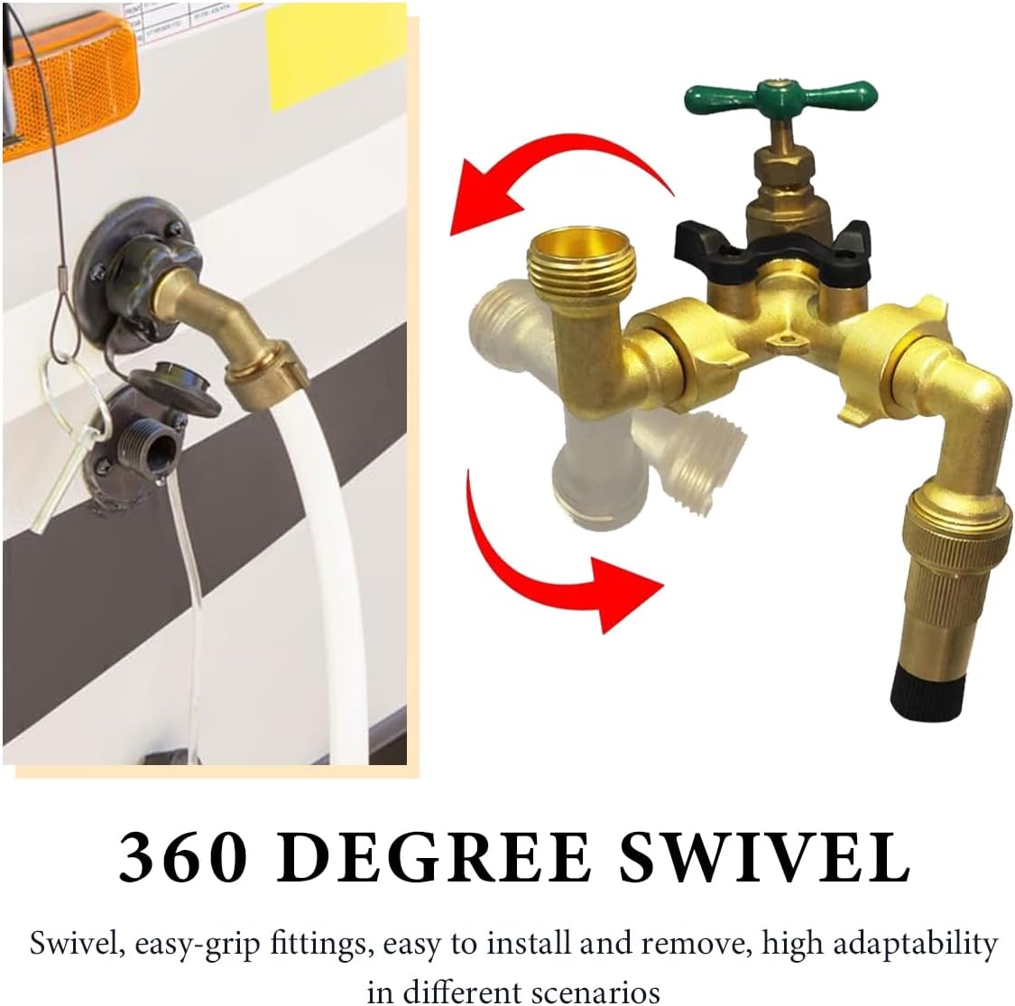 90 Degree Water Hose Elbow for RV, 3/4" Brass RV Drinking Water Hose Adapter with Easy Grip Connector, Swivel Elbow for City Water Inlet Connection Residential Outdoor Faucets