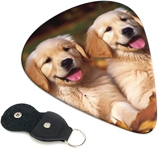 Golden Retriever dogs puppies pets Guitar Picks 6 Pack with Leather Guitar Pick Holder Keychain, Plectrum Key Fob Cases Bag, Abstract Art Plectrum for Acoustic Electric Guitar, Ukulele 0.71mm