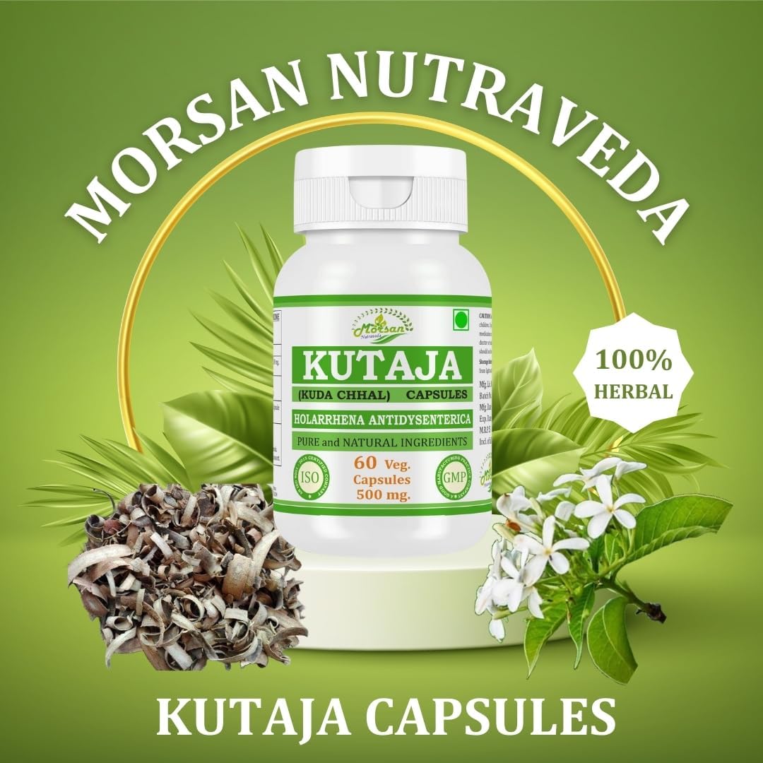 Morsan Nutraveda’s Kutaja (Holarrhena Antidysenterica) Capsule | Highest Potency, 100% Natural Product | Pack of 60 x 500 mg. Veg. Capsules (4)